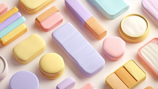 Colorful cosmetic containers arranged on a light background