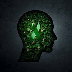 Silhouette of a human head filled with lush green foliage and a glowing green recycling symbol representing environmental consciousness and eco friendly thinking
