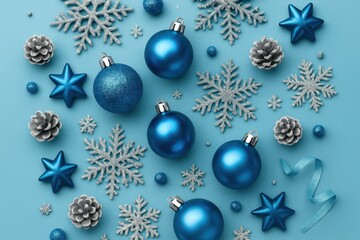 Fototapeta premium Festive blue ornaments and snowflakes