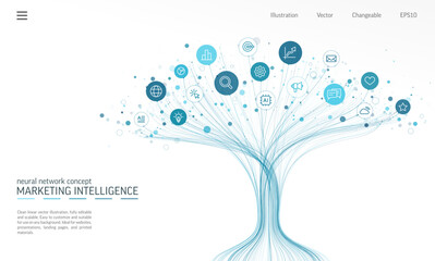 Linear vector illustration, AI powered growth tree with digital marketing, SEO and social media icons. Neural network concept, technology background. Abstract vector, business infographic design