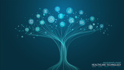 Linear vector illustration, abstract AI powered growth tree. Healthcare, medical innovation concept. Healthtech, Neural network background. Heart, cross, pill, DNA and hospital icon. Vector background