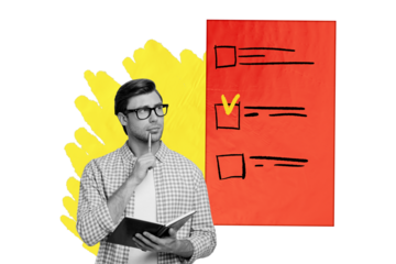 Composite photo collage of minded man hold pen notepad think solution election ballot checkmark sign isolated on painted background