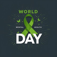 World mental health day awareness graphic featuring a green ribbon and butterflies symbolizing hope and support for mental well being