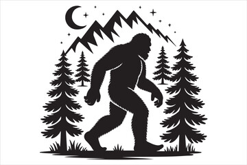 Fototapeta premium Bigfoot Silhouette Walking in Dark Forest Vector