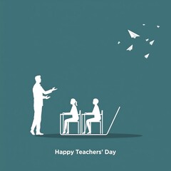 Teacher instructing students in a classroom setting with paper airplanes flying in the sky celebrating happy teachers day