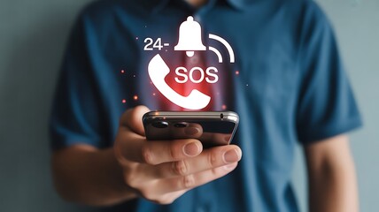 Person holding smartphone with 24-hour SOS call icon and notification bell