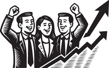 Excited diverse business team celebrating success with upward trending graph symbolizing growth and achievement
