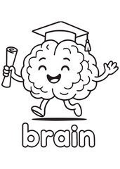 coloring book brain holding diploma with graduation hat, smart anatomy cartoon