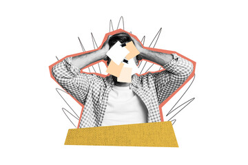 Creative photo collage young man covered face notes clipboard shocked reaction amazed impressed...