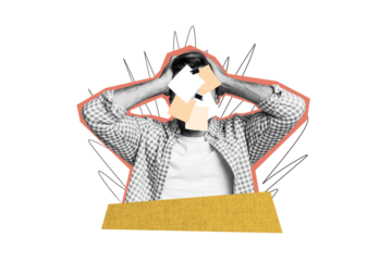 Creative photo collage young man covered face notes clipboard shocked reaction amazed impressed overloaded worker employee