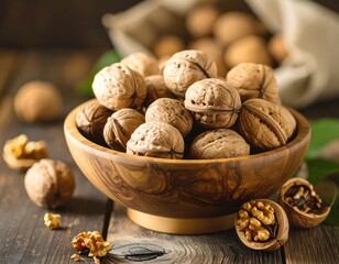 Wooden bowl filled with walnuts on a rustic wooden table