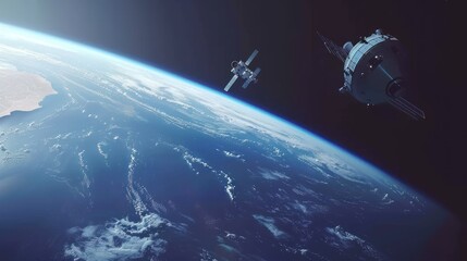 Obraz premium Earth View From Space with Satellite and Spacecraft in Dark Sky