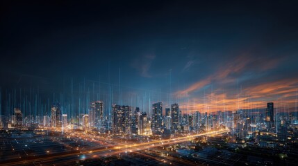 Nighttime Cityscape with Digital Overlay