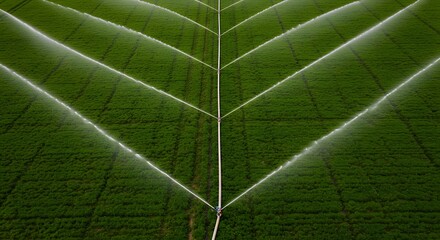 Aerial view of a vast green agricultural field being irrigated by a central pivot sprinkler system, creating V-shaped water patterns.