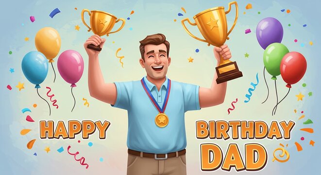 Man celebrating with trophies and balloons happy birthday dad greeting illustration