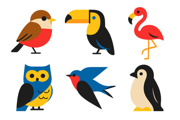 Brightly colored avian species collection featuring a toucan, flamingo, owl, penguin, robin, and swallow