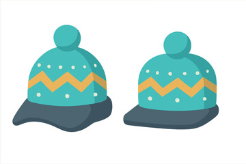 Fototapeta premium Cozy knitted winter hats with decorative pom-poms and vibrant zigzag patterns on a clean white background