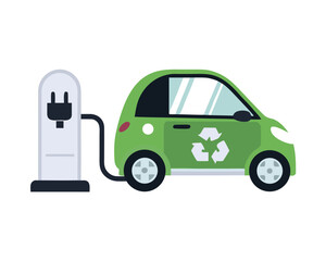 An eco car concept illustration of a green vehicle at a gas pump on the road with a transport design icon