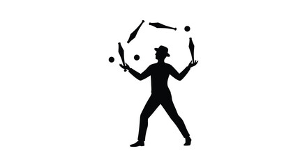 A juggler with three clubs and balls in dark silhouette