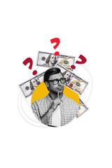 Vertical photo collage of serious businessman hold pen think strategy money income usd capital profit hmm isolated on painted background