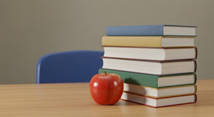A red apple sits next to a tall stack of colorful books on a wooden desk, with a blue chair in the background.