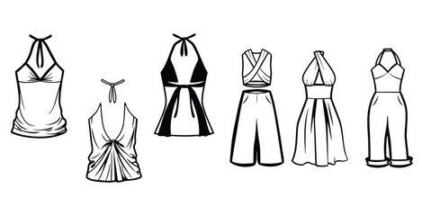 Minimalist line art fashion sketch of a womens night dress black silhouette style vector art design