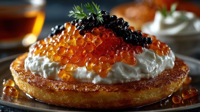 Buckwheat blini with salmon roe and sour cream, dill&mdash;luxury appetizer