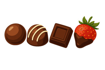 Assortment of delicious chocolate candies, a square chocolate bar, and a fresh strawberry dipped in rich dark chocolate