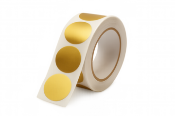 Golden round blank metallic self-adhesive stickers on a roll, shiny metallic labels for product decoration, transparent background