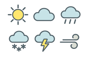 Obraz premium Collection of various weather forecast symbols depicting sun, clouds, rain, snow, lightning, and wind