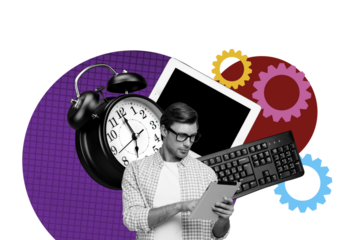 Composite trend artwork sketch photo collage of cogwheel clock time management keyboard young guy student hand hold tablet eyewear work