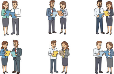 Business character illustration&mdash;male and female pairs, professional attire, workplace poses&mdash;vector people sketch, corporate relationship, social communication, teamwork