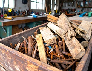 Wooden box overflowing with rusted nails and scraps of wood in a workshop