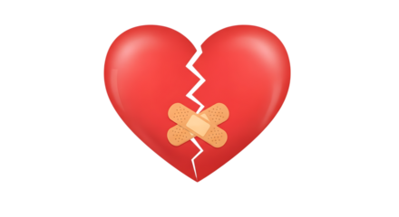 Illustration of a red heart symbol broken in half and mended with two adhesive bandages isolated on transparent background