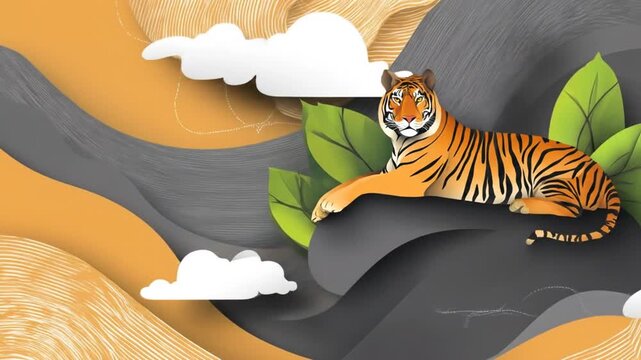 Artistic depiction of a tiger resting amongst stylized natural elements