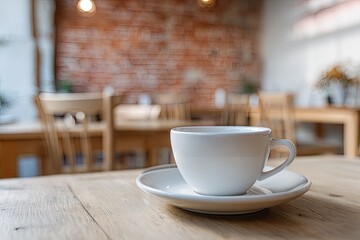 Fototapeta premium A white cup on saucer on a wooden table in a cafe, brick wall backdrop
