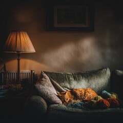 Orange Cat Sleeping on Sofa with Yarn and Lamp
