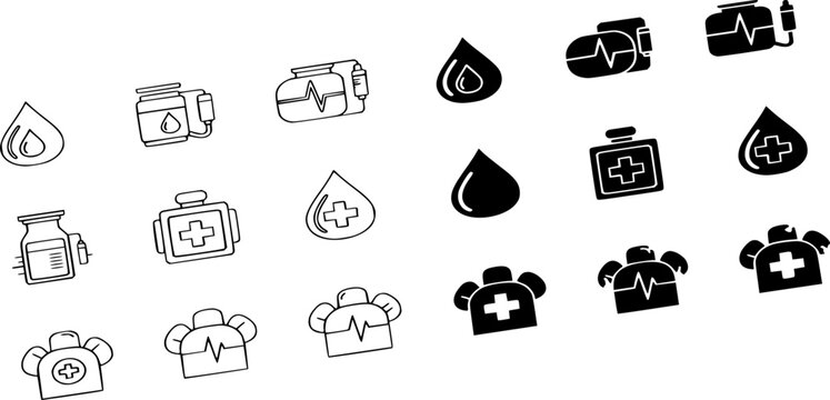 Blood icon set. Charity, Hematology, Blood Cell, Vessel, DNA, Blood Group, RH Factor, Blood Test, and blood donation line and solid icons vector