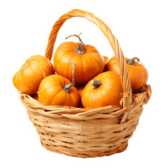 Woven Basket Filled with Small Orange Pumpkins on Transparent Background