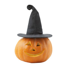 Festive Orange Jack O'Lantern with Black Glittered Witch Hat on Transparent Background
