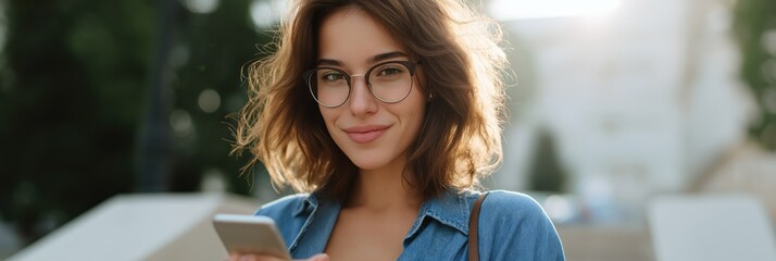 Young caucasian female smiling with smartphone in urban setting
