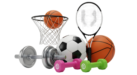 Assorted sports equipment including basketball soccer ball tennis racket and dumbbells arranged against a black backdrop for fitness and recreation