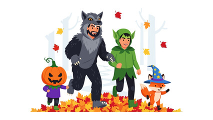 Naklejka premium Enchanted Halloween Parade: A cheerful gathering of individuals, each adorned in whimsical costumes, merrily stride through a landscape of autumn leaves.