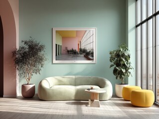 Contemporary living room with mint green sofa, yellow ottomans, and large windows interior