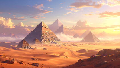 Surreal desert landscape with floating pyramids, dreamy tones
