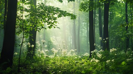 Fototapeta premium A serene springtime forest filled with fresh green leaves and vibrant wildflowers, enveloped in morning mist and ultra HD detail.