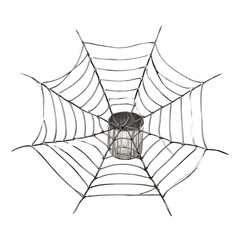 Mysterious Old Building Surrounded by Intricate Silver Spiderweb on Transparent Background