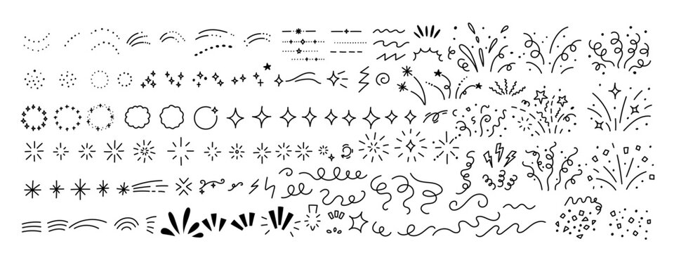 Confetti patterns combine star shapes with firework details for emphasis. Bling and celebrate icons follow line element compositions in vector. Twinkle graphics with sketch background, drawn simple sp