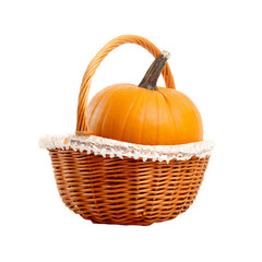 Vibrant Orange Pumpkin Nestled in Wicker Basket on Transparent Background