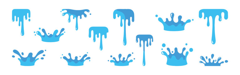 Water splashes set. Water design element, falling droplets silhouettes.